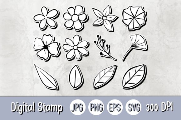 Digital Stamp 12 Flowers Leaves B Graphics & Illustrations Review