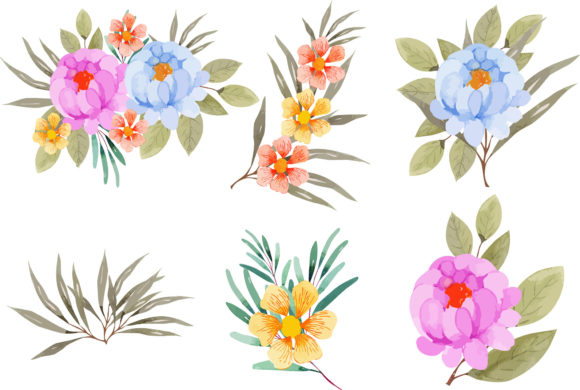 Watercolor Flowers with Leaves: Premium Graphics for Illustrations